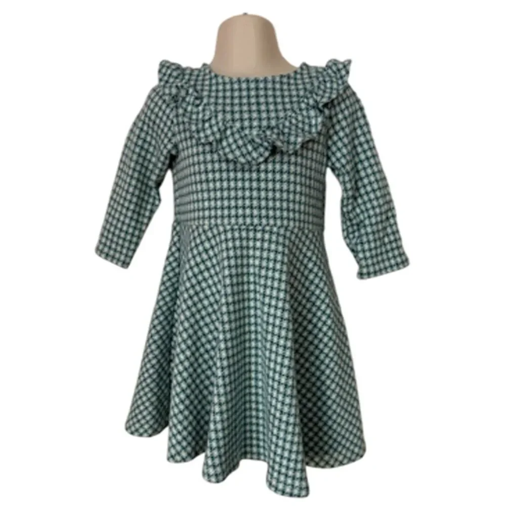 Janie & Jack Knit Green Plaid Long Sleeve Fit & Flare Dress Size 3T